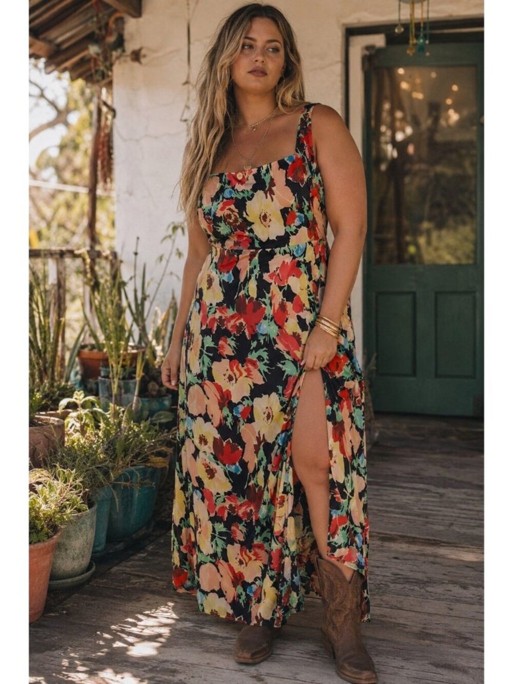Lulus Miya Maxi Dress Sz Large Black Watercolor Floral Boho Sundress Square Neck